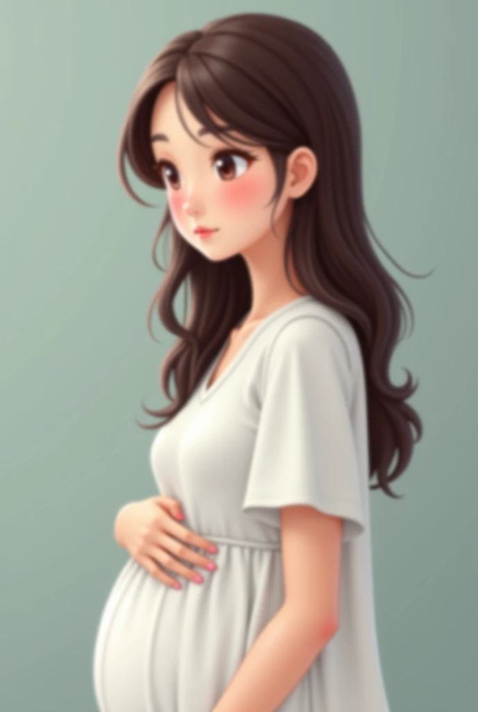 a pregnant ager with an easy dissatisfied expression, frustrated, averted gaze, with good quality clothes.