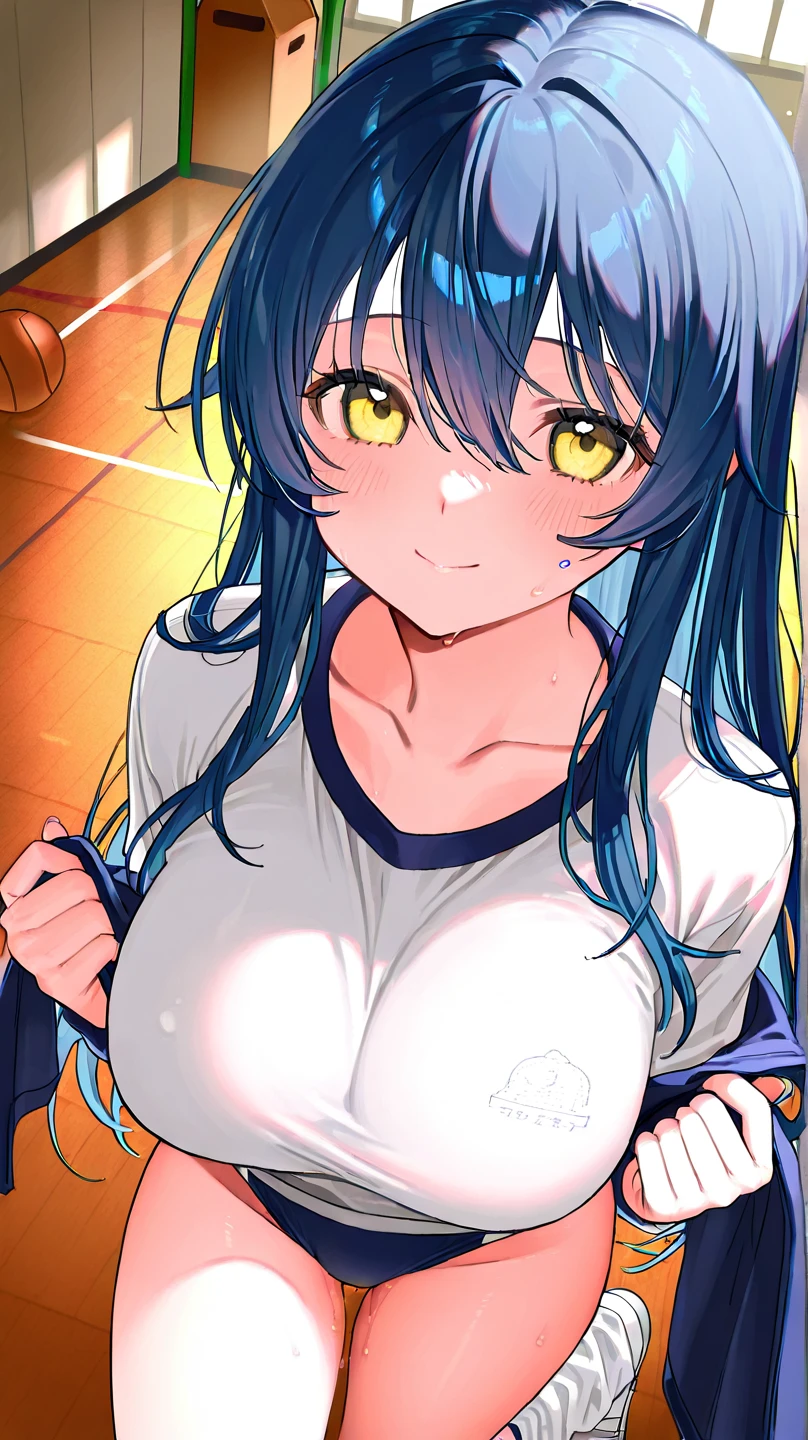 1girl, ultra high res ,looking at viewer , very large chest size , shorts, underboob , smile, open mouth, one hand pull shirt up, sailor uniform, classroom