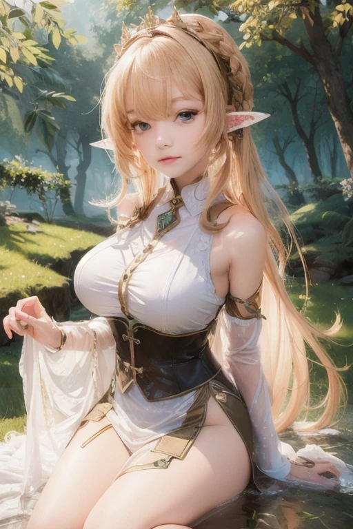 ((seductive))((majestic, magnificent, pure)) ((beautiful forest nymph elf)) ((pale skin)) ((elf ears)) ((dark eyeshadows make up)) ((red lips)), ((cute smile)) ((long blonde hair))((big breast)) ((slender body:1.4)) ((wear white tunic)) ((jewerly, earrings, flowers decorating hair)) ((pose relaxing at flower garden inside forest at night)) ((magical aura, magical particles floating around)) , ((high definition:1.5), ((masterpiece:1.5))((8k:1.5)) ((Best quality:1.4)), more_details:-1, more_details:0, more_details:0.5, more_details:1, more_details:1.5, more prism, vibrant color