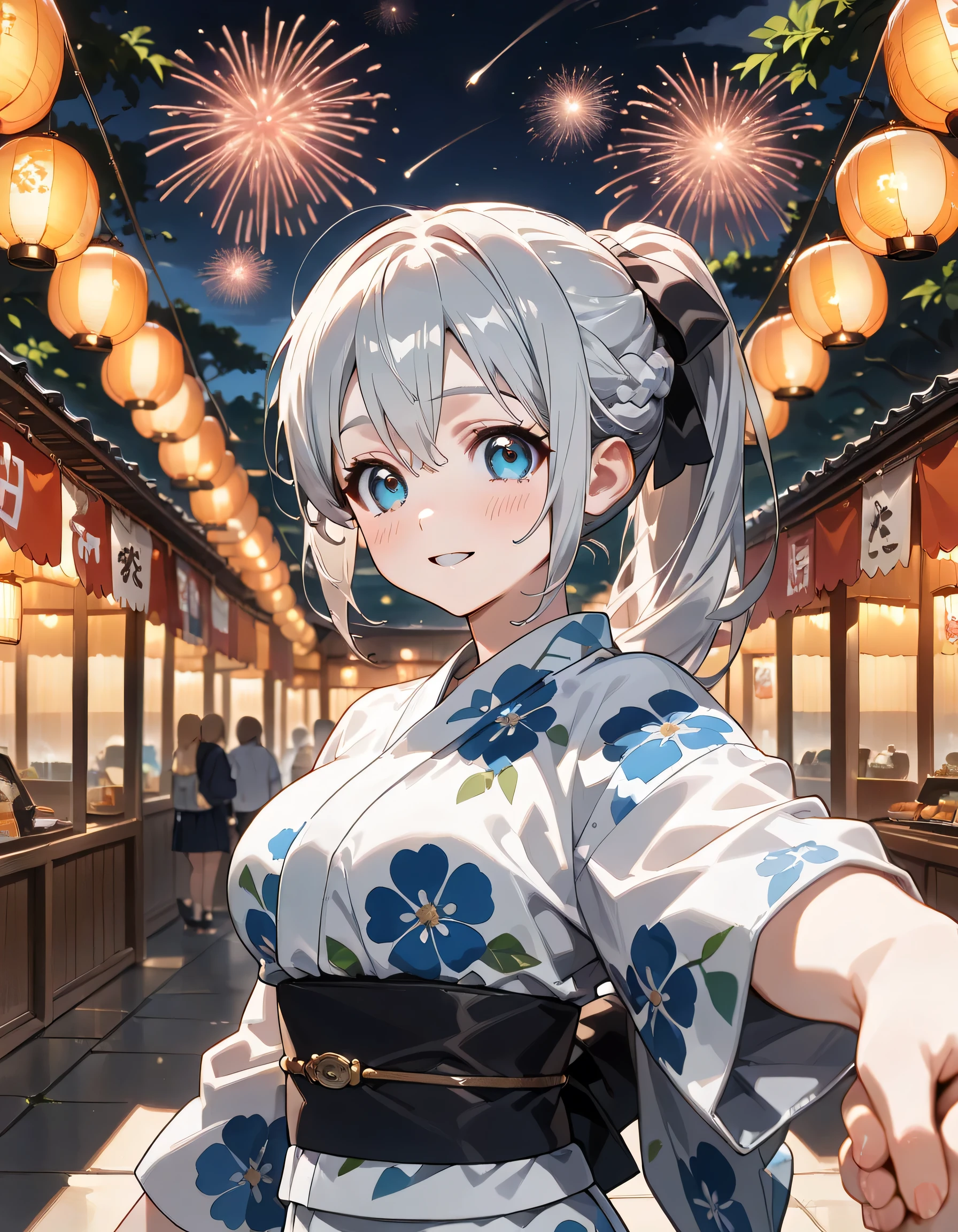 ((ultra-detailed)), (highly detailed CG illustration), (best quality:1.2), ultra-highly detailed, colorful composition, artistic photoshoot, 1 girl, solo focus, upper body, moe anime character, dainty facial structure, baby face, round face, rounded chin:1.2, ideal ratio body proportions, blue eyes, sparkle eyes, sagging eyes, silver hair color, ponytail, ample breast, night setting, short yukata:1.3, yukata clotch:1.2, perfect cute face, calm smile, blush:1.3, pov dating:1.3, Yuri, friendship between girls, reaching arm:1.3, grabbing another girl's hand:1.3, standing in Japanese night festival, Lots of lanterns, people coming and going, dynamic pose:1.2, contrapposto pose, best quality, masterpiece, beautiful detailed Starry sky, night, Fireworks launch:1.4, Beautiful blue starry sky, night, from behind:1.3, turn around:1.3, looking viewrer, best quality, masterpiece, expecting, pink cheek, blush, light pink gloss slip, portrait, depth of field, sidelighting, lighting, caustics, ray tracing, perfect face, lustrous skin, highly detailed face, highly detailed eyes, perfect face, perfect nose, perfect hair, perfect eyes, perfect anatomy, beautiful hair, beautiful small face, extremely detailed face, beautiful detailed eyes, beautiful clavicle, beautiful body, beautiful ample breasts, leavage, breasts squeezed together, equalize the size of the left and right breasts, beautiful fingers, 4 fingers, 1 thumb, lovely, (very detailed background:1.0), (highly detailed background:1.0), intricate details, spring aesthetic, fun atmosphere in a tourist spot, spring color palette, chromatic aberration