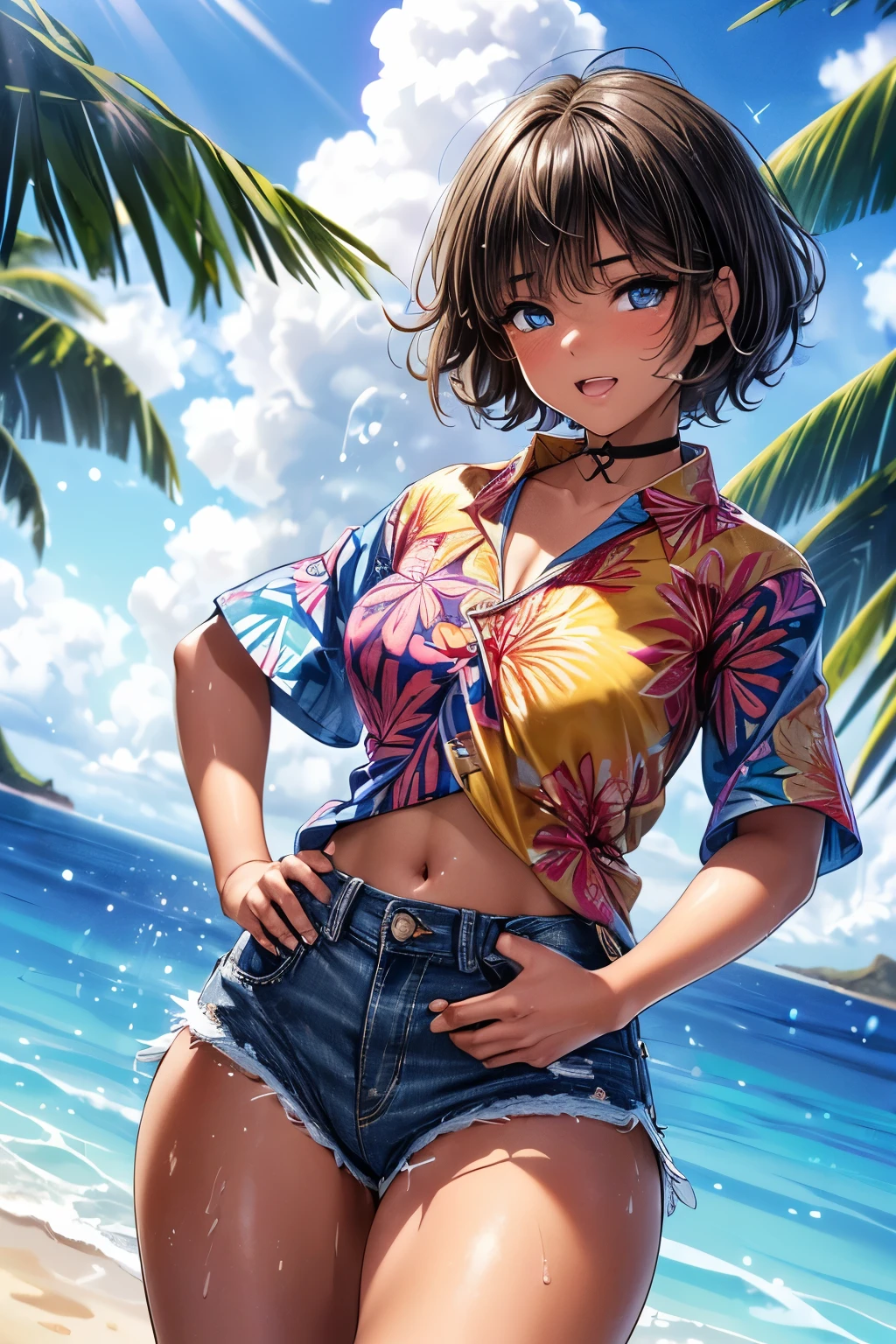 (short sleeve hawaiian shirt, aloha shirt:1.3), (open shirt, smile:1.4), masterpiece, best quality, cowboy shot, denim hotpants, thighs, beautiful girl, beach, blue sky and sea, looking at viewer, small waist, 8k, official art, raw photo, incredibly absurdres, facelight, dynamic lighting, cinematic lighting, bikini top, ultra realistic, highres, photography, film grain, chromatic aberration, sharp focus, highest detailed, palm tree, extreme detailed, ultra detailed, finely detail, extremely detailed eyes and face