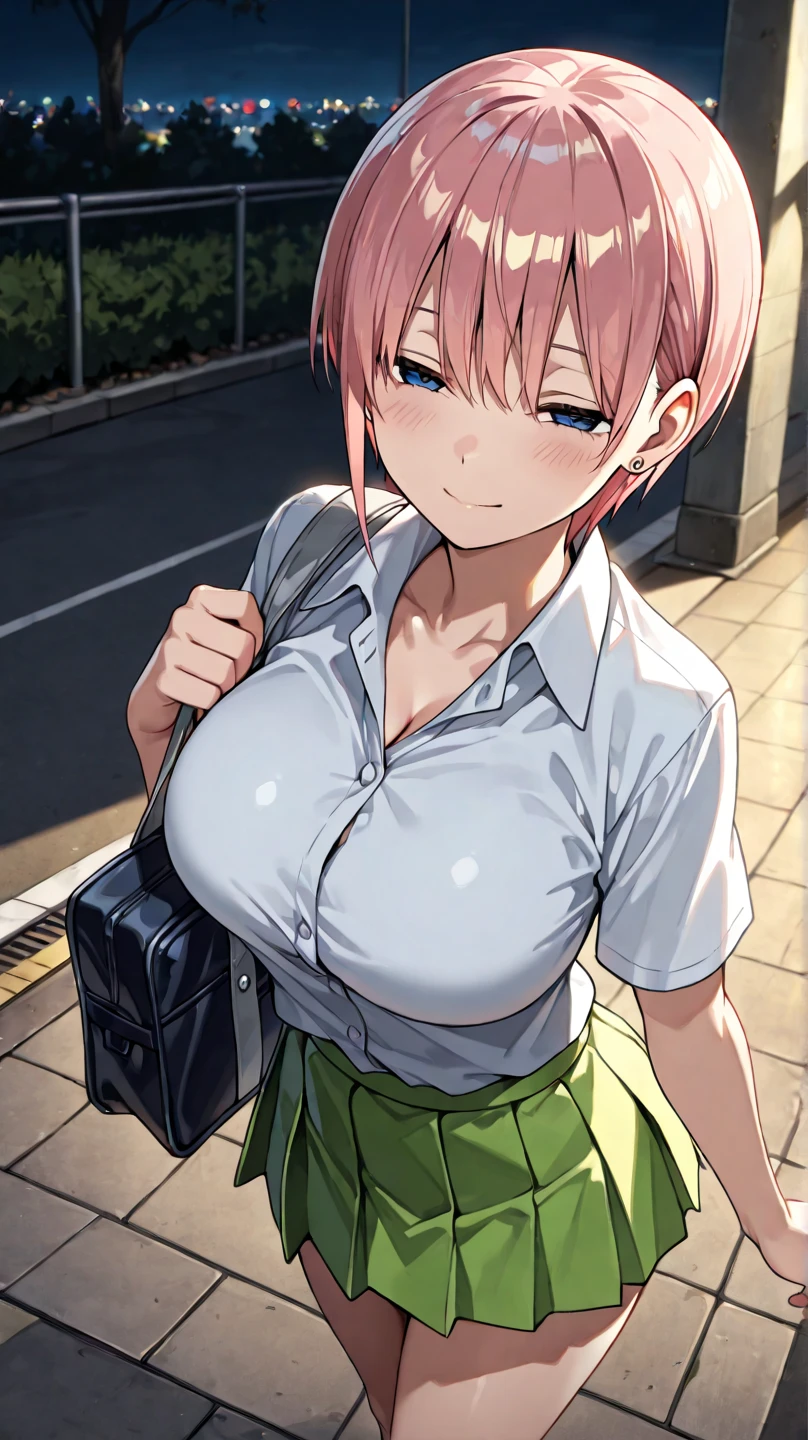hight resolution, Nakano Nino,1girl in,Pink hair,Short hair,butterfly hair ornament,(Ronhar),Green skirt),(white shirt),(Collared shirt),Open your clothes,Voluptuous thighs, extra limb,extra digit,fewer digit, Breast Focus, Full body,Looking at Viewer,(Big breasts①),(((Big breasts②))),(stretching①),(((stretching②))),(arms behind head①),(((arms behind head②))), park, twilight sky, embarrassed, open mouth