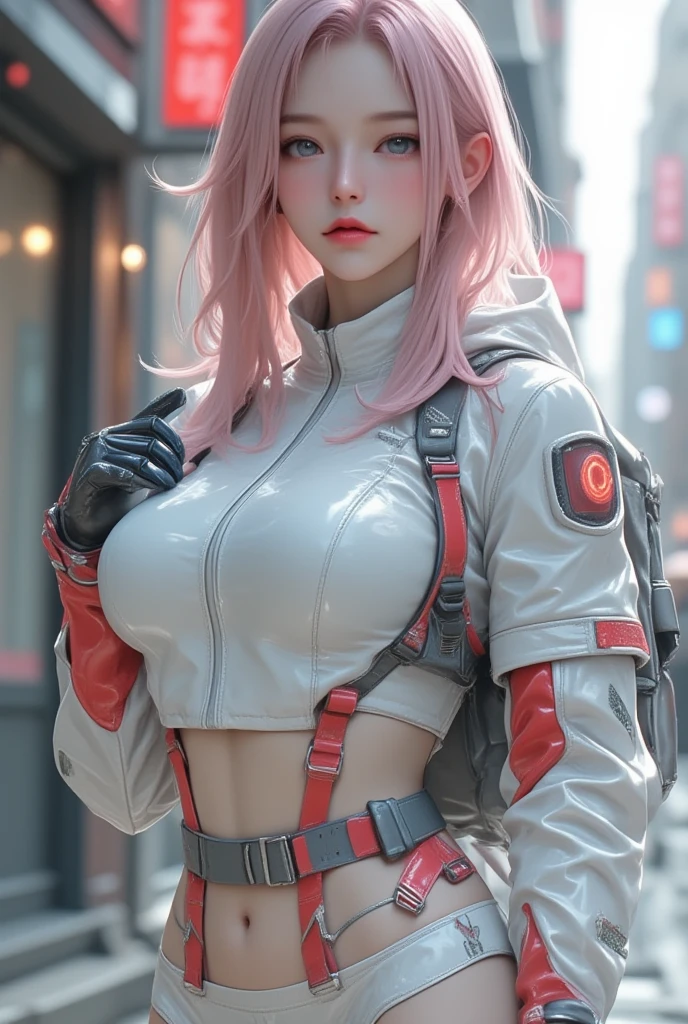 (Huge boobs:1.5), blob haircut, pink hair, technology, cybernetic