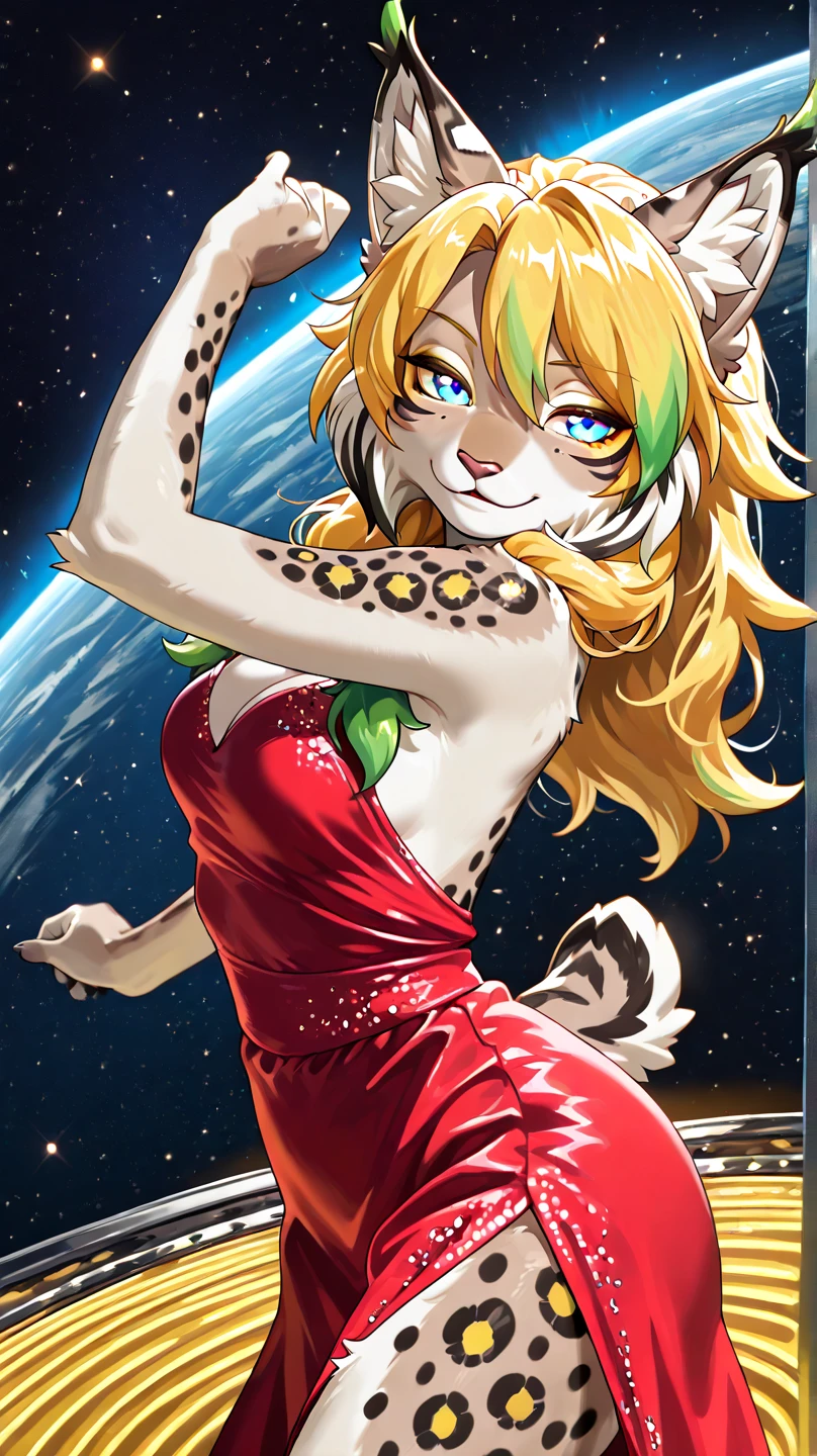 Solo, score_9,score_8_up,score_7_up, source_furry, kat, Anthro furry feline, big blue sparkling eyes, blonde hair, (ponytail hair), pink nose, :3, white whiskers, silver fur with grey stripes, furry body, wearing solid blue bandeau, brown short shorts, brown boots, standing, amazed expression, looking up at the sky, on a grassy field, mouth open, :o, rear view, low angle shot, many fireworks in the night sky, night time, neutral standing position, hands to her side,
