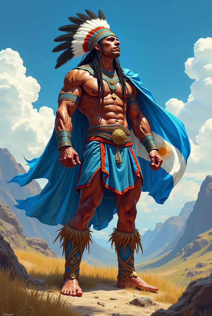 Indian with a large headdress on his head holding a long spear in the shape of a white arrow descending from the sky under the light of the planets of the universe