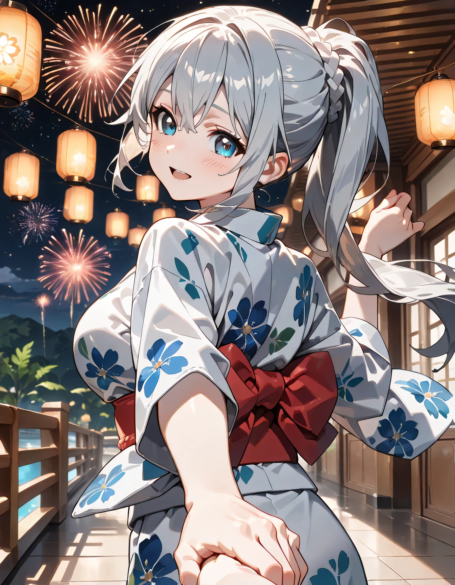 ((ultra-detailed)), (highly detailed CG illustration), (best quality:1.2), ultra-highly detailed, colorful composition, artistic photoshoot, 1 girl, solo focus, upper body, moe anime character, dainty facial structure, baby face, round face, rounded chin:1.2, ideal ratio body proportions, blue eyes, sparkle eyes, sagging eyes, silver hair color, ponytail, ample breast, night setting, short yukata:1.3, yukata clotch:1.2, jltome, open mouth, perfect cute face, calm smile, blush:1.3, pov dating:1.3, Yuri, friendship between girls, reaching arm:1.3, grabbing another girl's hand:1.3, standing in Japanese night festival, Lots of lanterns, people coming and going, dynamic pose:1.2, contrapposto pose, best quality, masterpiece, beautiful detailed Starry sky, night, Fireworks launch:1.4, Beautiful blue starry sky, night, from behind:1.3, turn around:1.3, looking viewrer, best quality, masterpiece, expecting, pink cheek, blush, light pink gloss slip, portrait, depth of field, sidelighting, lighting, caustics, ray tracing, perfect face, lustrous skin, highly detailed face, highly detailed eyes, perfect face, perfect nose, perfect hair, perfect eyes, perfect anatomy, beautiful hair, beautiful small face, extremely detailed face, beautiful detailed eyes, beautiful clavicle, beautiful body, beautiful ample breasts, leavage, breasts squeezed together, equalize the size of the left and right breasts, beautiful fingers, 4 fingers, 1 thumb, lovely, (very detailed background:1.0), (highly detailed background:1.0), intricate details, spring aesthetic, fun atmosphere in a tourist spot, spring color palette, chromatic aberration
