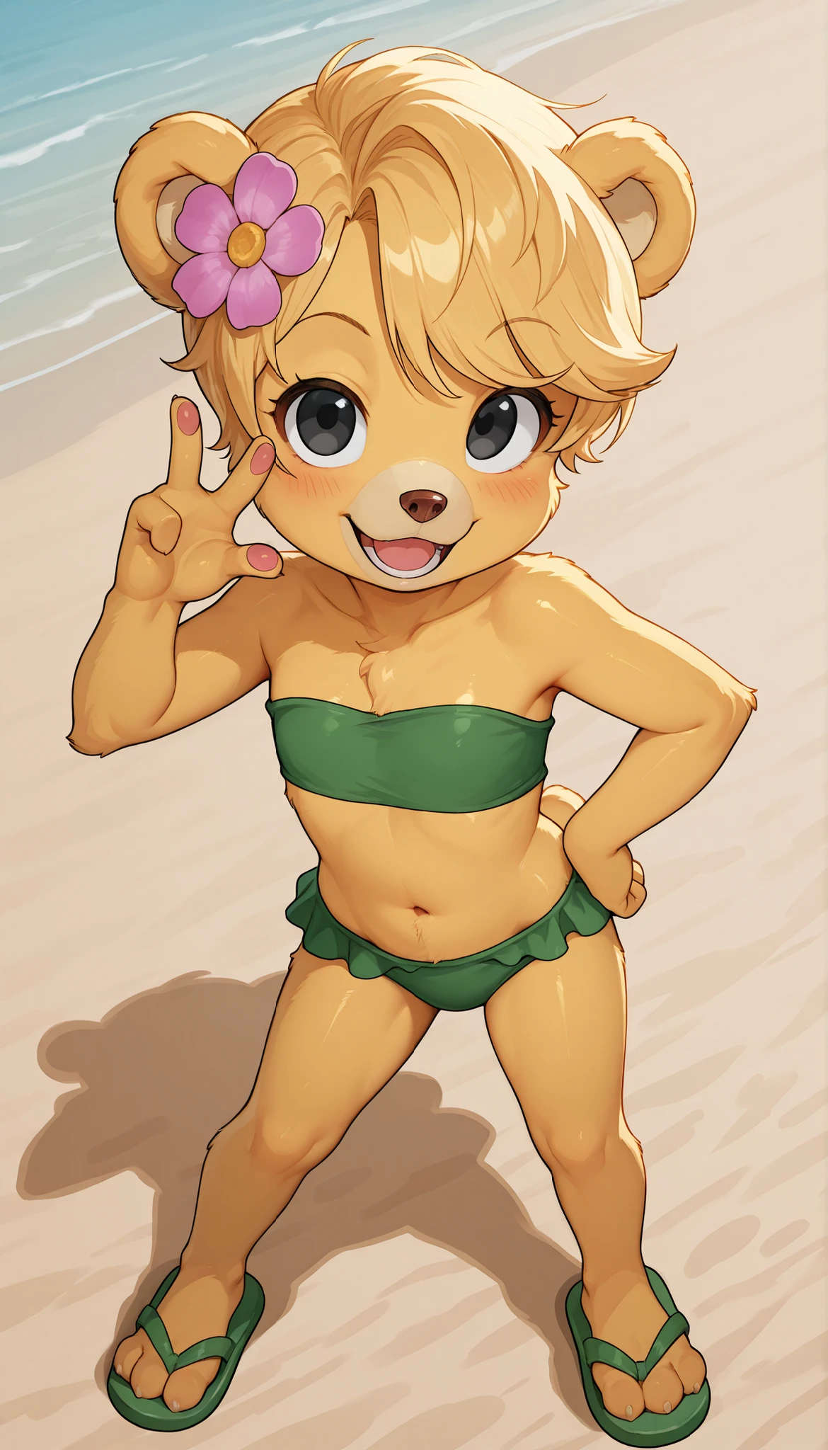 score_9, score_8_up, score_7_up, (masterpiece, best quality, very aesthetic, absurdres, source furry, artist:sakura, shaded,) 1girl, bear, furry female, Sunni Gummi, young, black eyes, smile, blush, blonde hair, messy bangs, bear features, bear ears, bear tail, yellow body fur, red animal nose, ((flower on hair, green bundeau strapless frilly bikini, flip flops)), beach on background, sassy face, anime style, glistering body, navel, shiny body, oily skin, sexy, full body, feets with three toes, action stance, peace sign with one hand, one hand on hip, confident, raised eyebrow, skinny,