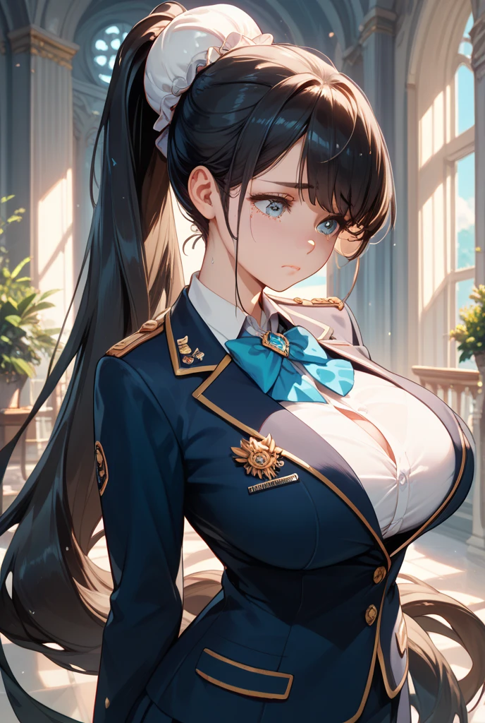 (cowboy shot: 1.5), (white background, simple background: 1.5), (masterpiece:1.5), (big breasts: 1.5), (1 girl: 1.5), young woman, (Beautiful Girl:1.5), (extremely detailed and delicate anime face and eyes:1.5), whole body, (natural light, HDR, extremely details CG:1.3), (dynamic posture: 1.3), {correct body anatomy}, (wide hips: 1.3), (perfect hands: 1.5), single focus, toned body, Beautiful Lips, thick lips, {surreal}, {correct posture}, {minutes details}, {detailed body}, {detailed clothing}, (Bright Eyes: 1.3), (cleavage: 1.3), {accessories}, {sexy}, bbuniform, high school girl, school uniforms, (Short black blazer: 1.5), (black blouse: 1.3), long sleeves jacket, (puffed sleeves: 1.3), silver-tone front zipper, (pleated skirt: 1.5), (short skirt: 1.3), (black thighhighs: 1.5), waist-defining belt, (lace collar with tie: 1.3), (black thigh boots: 1.5), boots high-heeled, jewelry, (belt: 1.3), earrings, (serious look: 1.3), (extra long hair: 1.5), (two-tone hair: 1.5), (black hair with white streaks: 1.5), (black hair: 1.3), (white streaks: 1.3), (nape hair: 1.5), (straight hair: 1.3), hair over eyes, (parted bangs: 1.3), (white sidelocks: 1.3), glowing hair, (bright Cadet Blue eyes: 1.3), 