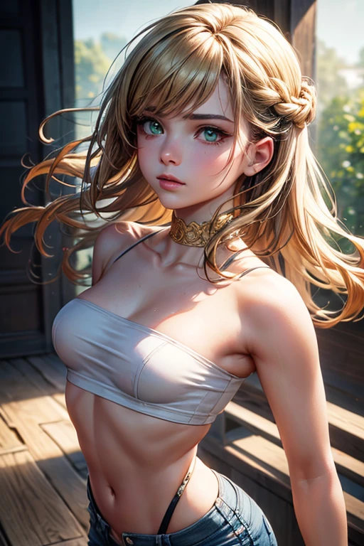 8K,((masterpiece)), ((best quality)), (ultra-detailed), High detail, professional photograph, highest quality, floating hair, beautiful detailed, (((realistic))), hyper realistic character,natural lighting ,beautiful detailed eyes,1girl, solo,blunt bangs, realistic,a girl with a large bust, her blouse is about to burst from her large breasts, ponytail, bangs, thick thighs, beautiful detailed eyes, beautiful detailed lips, extremely detailed eyes and face, long eyelashes, , corset blouse, white blouse, pleated skirt, thigh-high socks, suspenders, photo-realistic, 8k, vivid colors, masterpiece, anime, cinematic lighting, soft focus