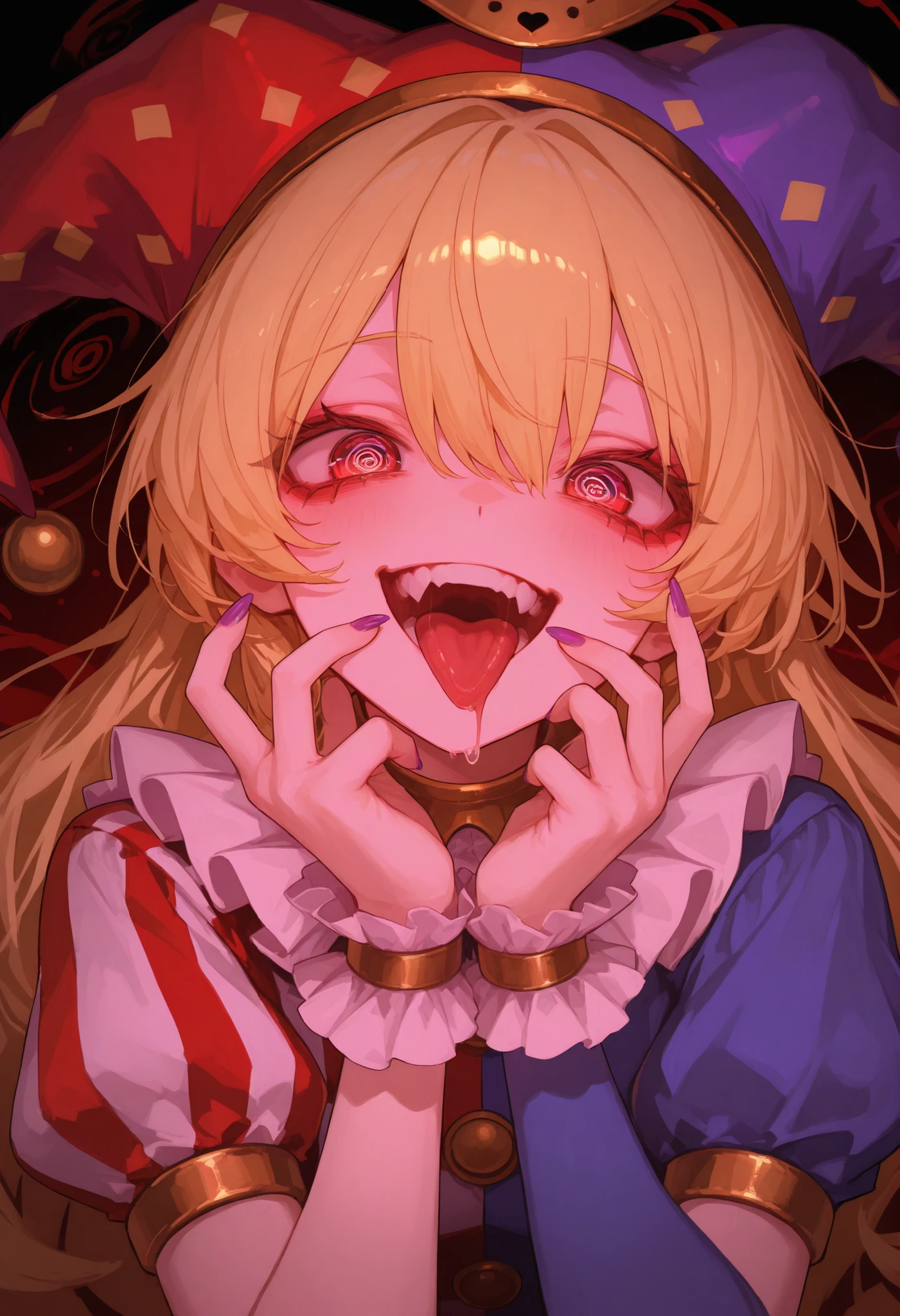 Astocks, 8K, Jester girl, crazy girl, 1girl, spiral pupils, high resolution