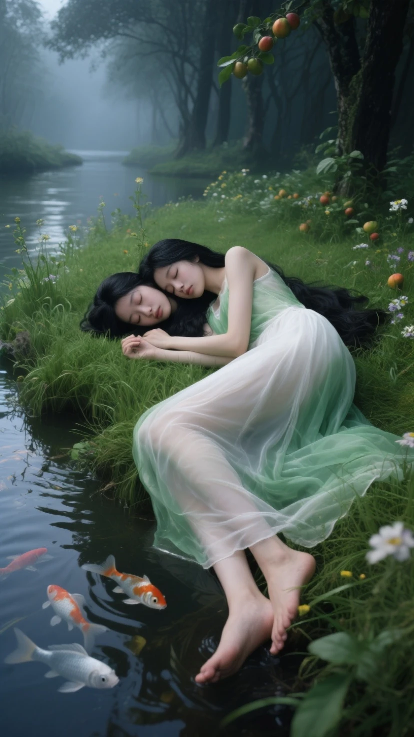 Realistic forest landscape and a princess lying on the ground crying