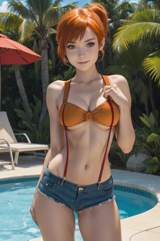 May_Pokemon, Blue Eyes, Brown Hair, Short Hair, Red Bandana, Completly nude, 1girl, Only Girl, Anime Style, Stablediffusion, Smile, Hot, Navel, Cleavage, Beautiful Chests, Thick Thighs, Wide Hips, Close-up, Looking At Viewer, Cowboy Shot, Posing On Balcony, Outside Balcony, Outdoors, Blue Sky, White Clouds, Arms Support