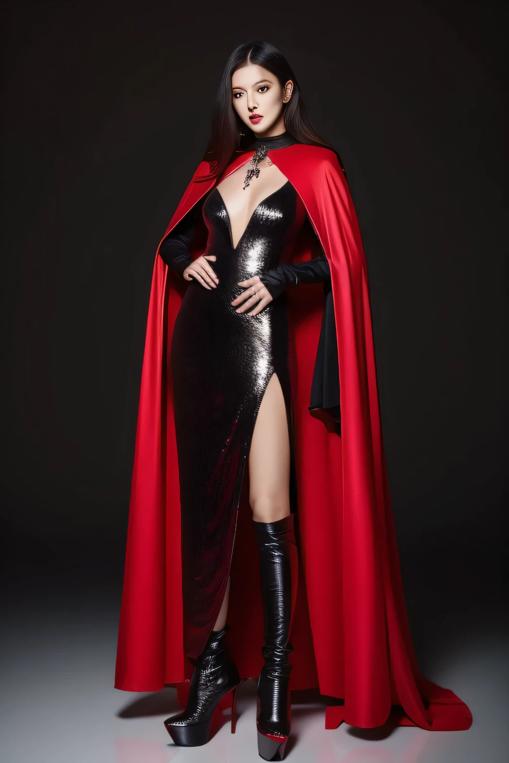 asian beauty,be realistic,red sequin dress,A super long and wide black satin vampire cloak that wraps around the body.、cape、Comes with a red satin vampire collar that reaches to the back of the head.,collar is up、hood、Black thigh-high boots with stiletto heels, standing,frontage,full body image