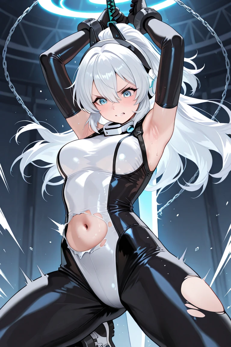 NSFW, 8k, top quality, masterpiece, 1girl, suntanned skin, (silver catsuit:1.6), (it is made of sparkling white silver fabric, with a peephole, transparent, partially torn :1.5 ), (kicking at the opponent high, motion blur: 1.8), focus on tighs, sweat, wet, seductive pose, full of compassion, full of love, heart shaped pupils, goddes-posture, gravure posing, slim and soft, translucent skin, shiny blonde hair, beautiful extra-long hair, tying her hair into ponytail, the skin is fair and juicy, super cute, asian girl, super big cute eye, shiny heart shaped pupils, beautiful medium large breast, plump body, slim curve, (Scorching heat, clear skies, summer beach),