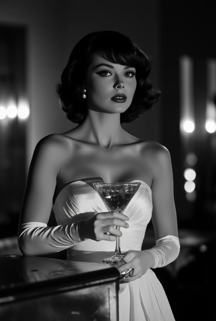 Uma imagem de uma cativante estrela do filme noir, envolta em um vestido elegante, sitting in a dimly lit bar reminiscent of classic Hollywood movies. The black-and-white image exudes the timeless allure of 1940s cinema, with its dramatic lighting and aura of vintage glamour.