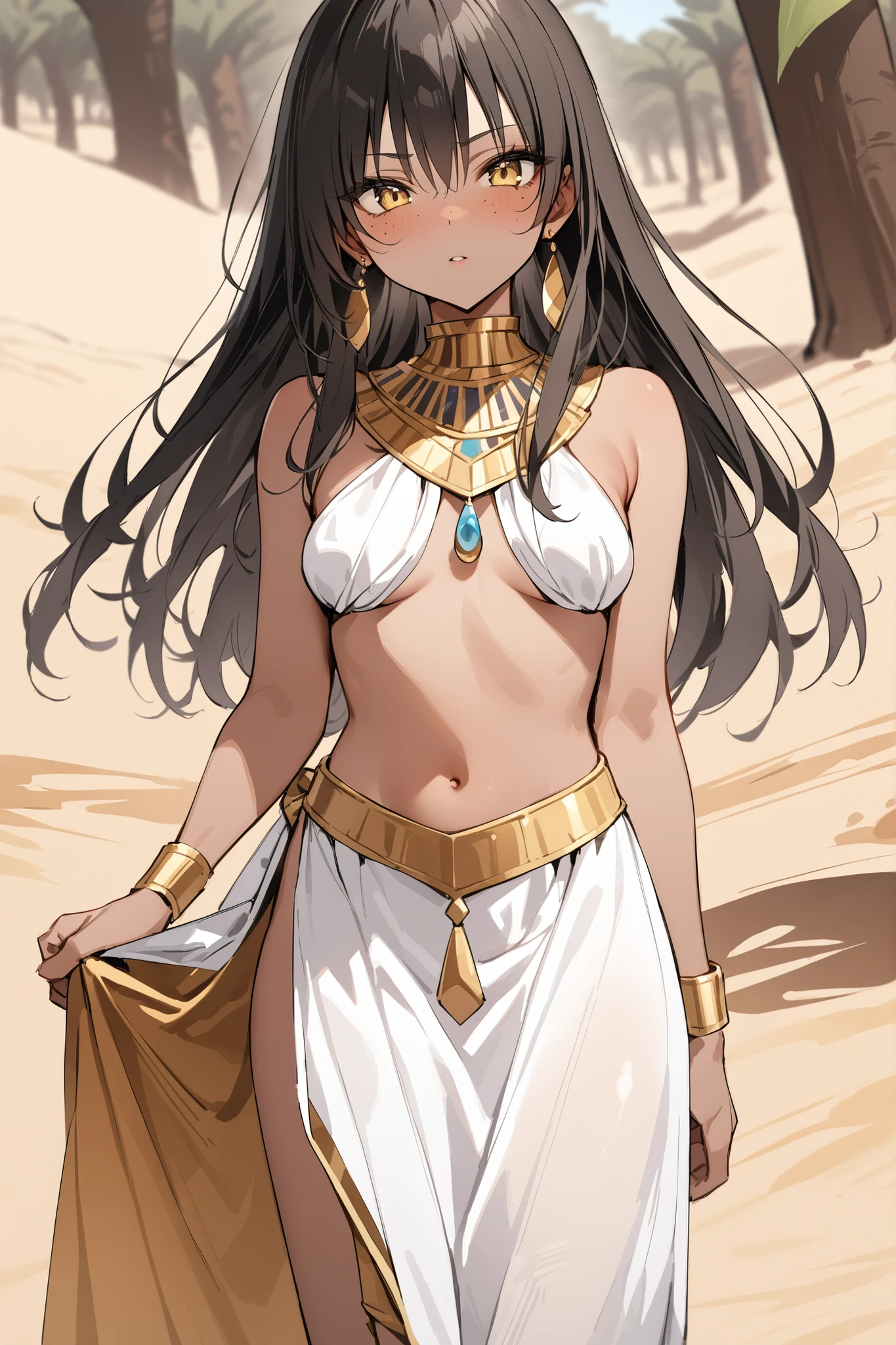 ((masterpiece,Highest Quality:1.2)),(soro),A slender, slender, and slender girl standing in the desert,cowboy shot, healthy tan skin ,with freckles on her face,black long hair,Perfect yellow eyes, tree eyes ,No expression,egyptian costume,Gold Earrings