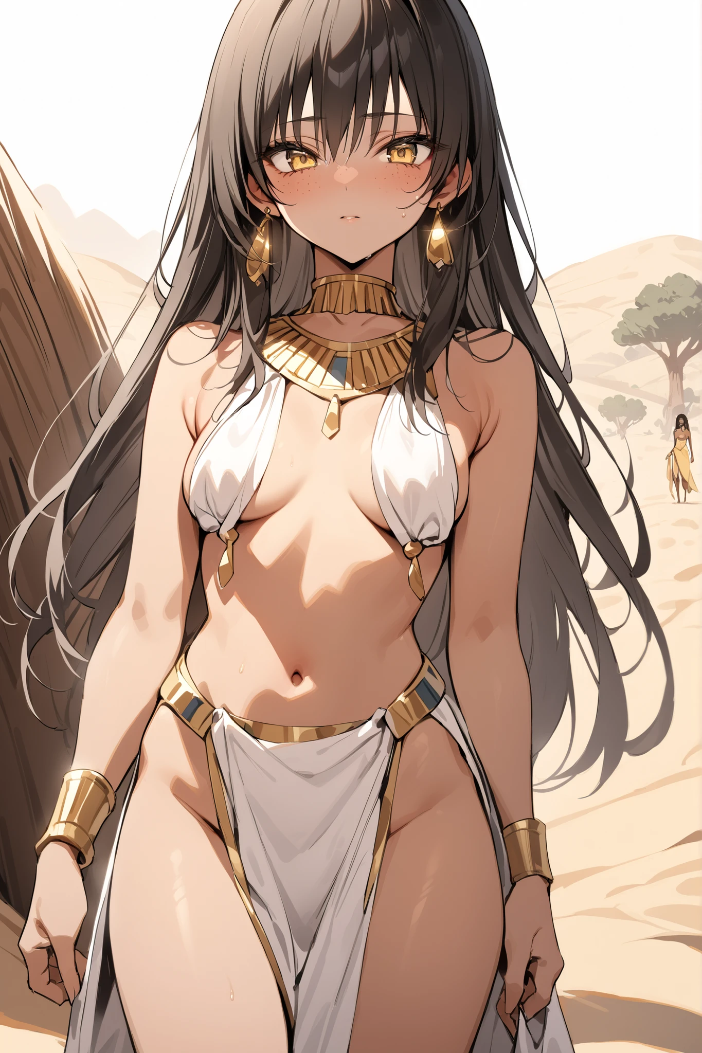 ((masterpiece,Highest Quality:1.2)),(soro),A slender, slender, and slender girl standing in the desert,cowboy shot, healthy tan skin ,with freckles on her face,black long hair,Perfect yellow eyes, tree eyes ,No expression,egyptian costume,Gold Earrings