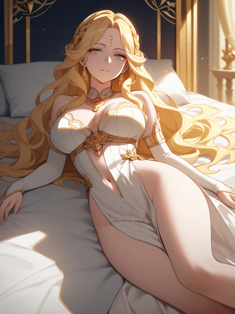 beautiful young sun elf woman (soft big blue eyes, long blonde hair, big breasts, big lips, big hipps, lying down, cleavage, PJ top, boy short style panties, suspender stocking), bed watching TV, full body