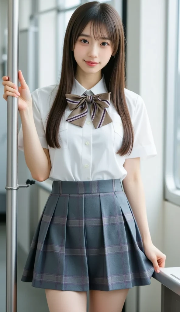 (Top image quality、8K、masterpiece:1.3))、Realistic high-quality photos、top-quality、girl cute-fine face、 beautiful Japan girl、Photo of slim little girl iful girl model、young japanese girl、Young cute face、japanaese girl、13-year-old female model、Beautiful Model Girl、The innocent look of the girl next door、lovely delicate face、Brown hair、Beautiful brown eyes、Tear bag、drooing eyes、young body、Panties are visible from the skirt、Very detailed 8k wallpaper、Sheer white shirt、Red ribbon at collar.、Dark blue pleated micro mini、Show me your whole body、Plump panties、White Sox、is standing、Classroom、depth of fields、Bokeh in the background、Hairstyle with bangs