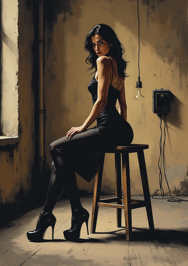 illustration painting in the style of norman rockwell of a beautiful fashion model style short brunette hair topless and a leather pants sunglasses black boots sitting legs wide open seen from behind