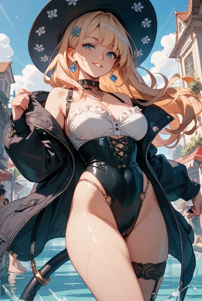 The photo was taken in a halloween background, and you can see the moon. The girl on focus, She is with facing the camera. She is standing and you can see her holding a staff. She is wearing a witch costume, with a very pointy hat, which is very nice, for roleplay porpuses, revealing her body, she has a black dress, and you can see her on her pretty outfit, so she looks really good. She is very excited and naugthy, and her shouldes are bare, she has huge breast, that are massive and insanely big. With a very clear sky. Her hair is blonde and short, with colored streaks, or blonde multicolored hair, which is short. She is reaching for the viewer with her hands, and she is very excited and happy, she has an evil grin, or maybe not. The shadows in the photo are impressive. The girl is illuminated perfectly. The rest of the photo is perfect with a very white background. This creates a sense of pleasure and intrigue. The colors are all vibrant and satisfying to look at. The face is very realistic, and she is very detailed as well, she is appealing to look at. The general mood of the photo is sensual and alluring. The girl is the center of attention of the photo, And its beauty is undeniable. The beautiful setting and dramatic colors create a sense of hypnosis and excitement. This photograph is a perfect example of professional cinematic photography. It is well lit, well-proportioned, And the theme is absolutely amazing. It is sure to attract the attention of anyone, Who will see it. You could put a ornaments in her hair. Whatever, As a result, the photo will be composed?, It is sure to be a stunning and memorable image.