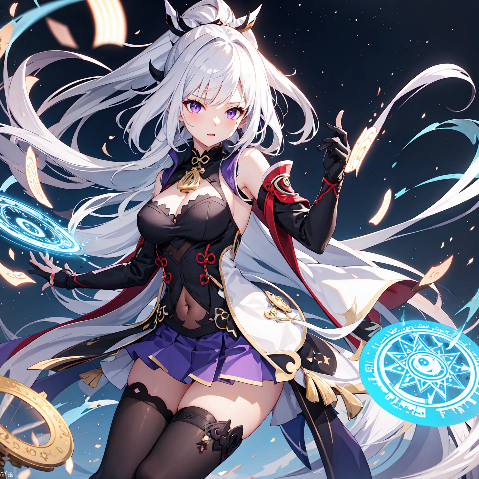 1girl, japanese clothes, ponytail ,white hair, purple eyes, magic circle, blue fire, blue flames, wallpaper, landscape, blood, blood splatter, depth of field, night, light particles, light rays, sidelighting, thighs, fate \(series\), genshin impact, ****, open jacket, skirt, thighhighs, cloud showing her naked breasts and vagina