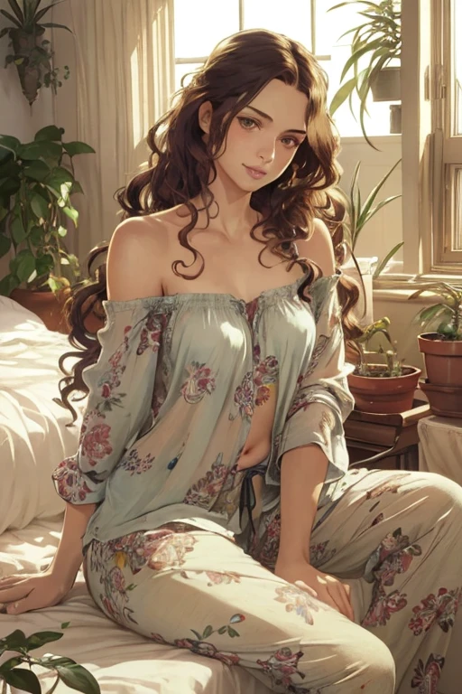 (photorealism:1.2), beautiful woman, sitting on bed, wearing loose off-shoulder top, pajama pants, long curly hair, indoors, soft lighting, plants in background, window with sunlight, cozy room, relaxed pose, realistic, intricate details, warm colors, by Greg Rutkowski, by Alphonse Mucha
