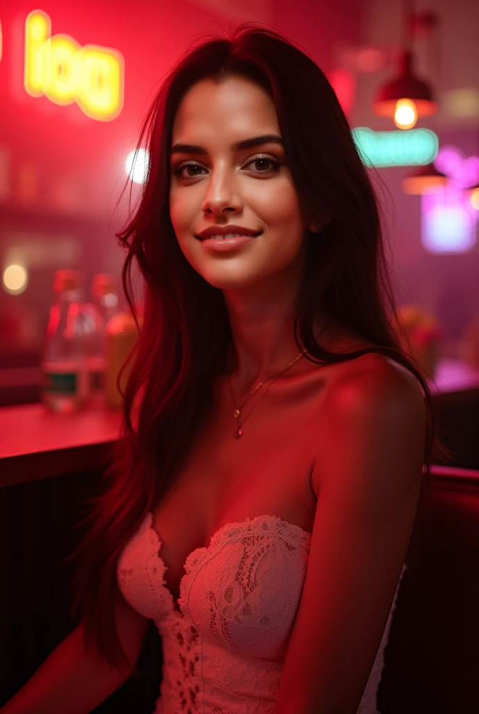 (best quality, ultra-detailed, photorealistic: 1.39), bright and vibrant colors, studio lighting, romantic expression, seductive, Lucy Pinder, portrait, Face portrait, red lips, smiling, cleavage, Voluptuous woman, Chubby woman, straight hair, ironed hair, platinum black hair, long hair, white crop top, black skirt, nurse lingerie. creating a dreamy and magical atmosphere,