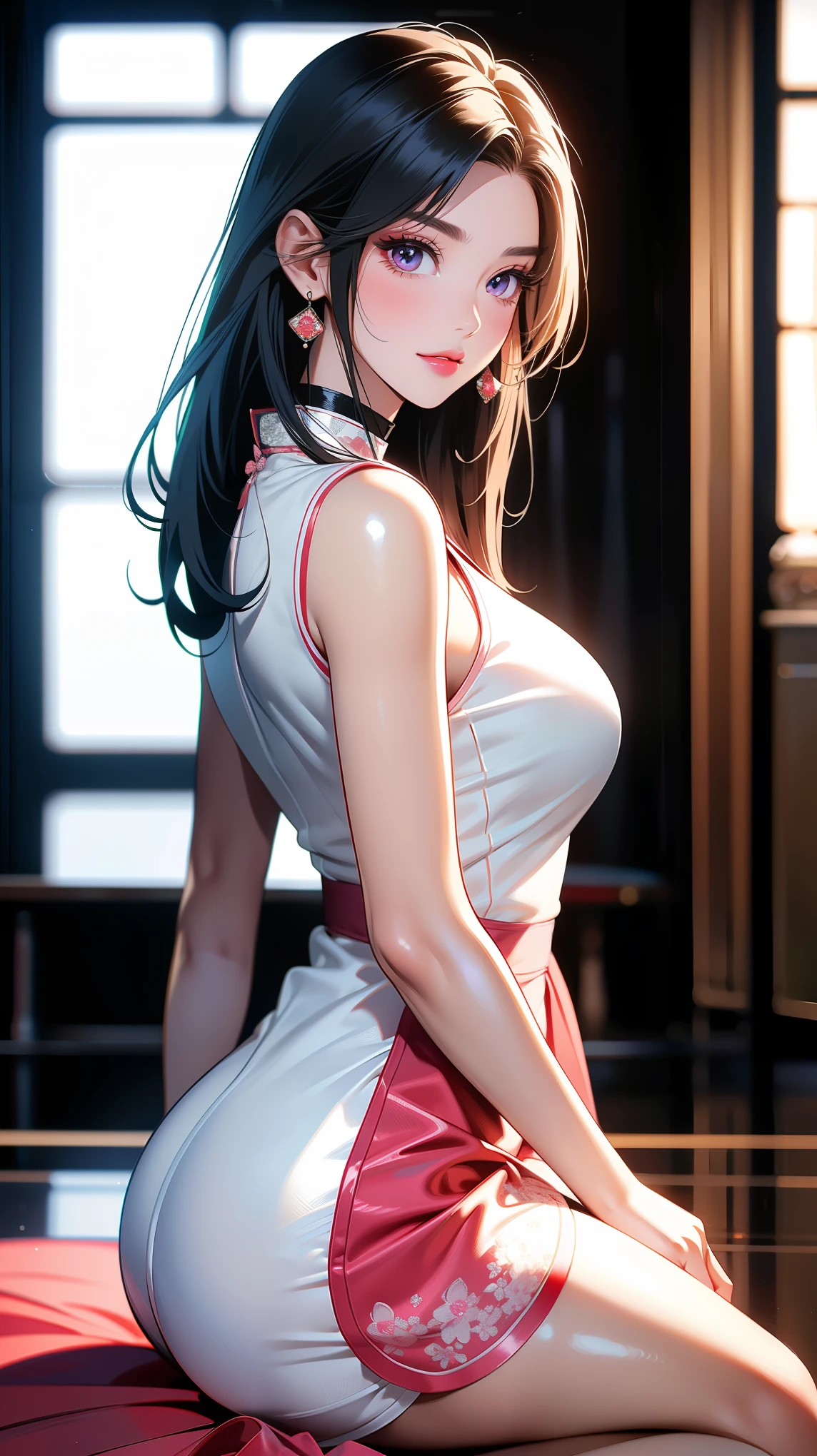 1人の女性，33yo，，摩洛解放阵线，Very huge，Raised sexy，unmask， 独奏，（Background with：aerodrome，at a forest，Planes，）in an airplane， She has short black hair，bobo head，Redlip，Teenage girl，dynamicposes，seen from the front， hair straight， The sky is mostly cloudy，（（（tmasterpiece），（Very detailed CG unified 8k wallpaper），Best quality at best，电影灯光，detailed back ground，The pupil of the right eye is beautiful and delicate，（very delicate beautiful），（Beautiful and detailed eye descriptions），eBlue eyes，Redlip，ultra - detailed，tmasterpiece，）），facing at the camera，（Upper part of the body），A high resolution，ultra - detailed），violent weapons，  convex，sit on a bed，Device leakage，incontinence，legs are open，sexyposture，Camel toe skin color，with her mouth open，Street，Chinese flight attendant，beret（dressed in：，white hanfu）