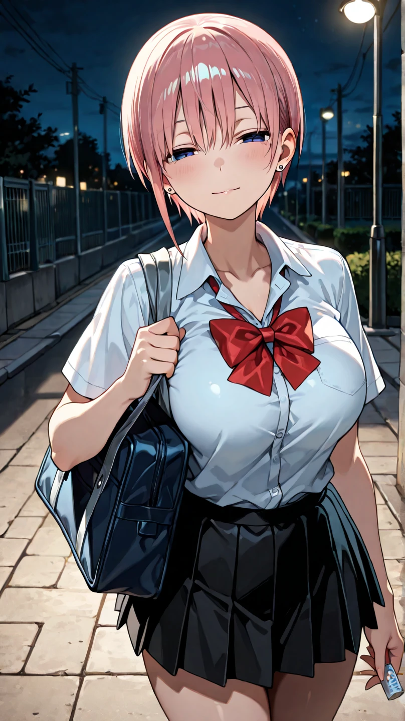 masterpiece, Highest quality, High resolution,(throw_hand grabbing chest),,One girl, One boy,Age difference,bow tie,Blonde,chest,Long Hair,Pink Hair,pleated skirt,Tucked in shirt,short hair,skirt,smile,Tent shirt,amusement_garden,breasts grab