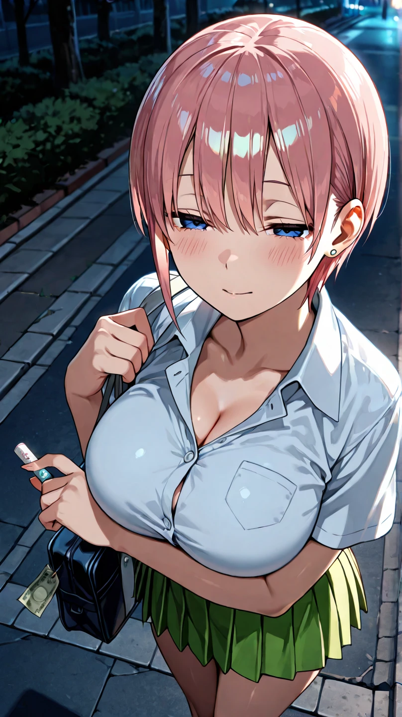 ((masterpiece)), ((best quality)), ((4K)), naughty girl, pink short hair, pull up shirts, show glimpse of panties, naughty smile