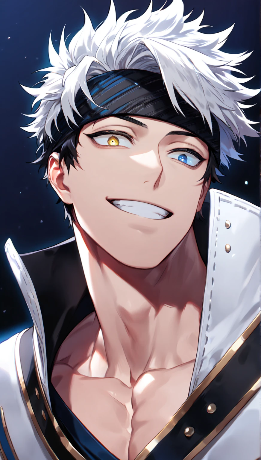 absurdres, highres, ultra detailed, HDR, master piece, best quality, detailed face, delicate features, Gojou Satoru, white hair, expressive blue eyes, white eyelashes, Jujutsu Kaisen, solo, sexy man, handsome, horny, toned chest, handsome smile, fantasy white pirate clothes, pirate hat, sexy pose, sea, beach, petals