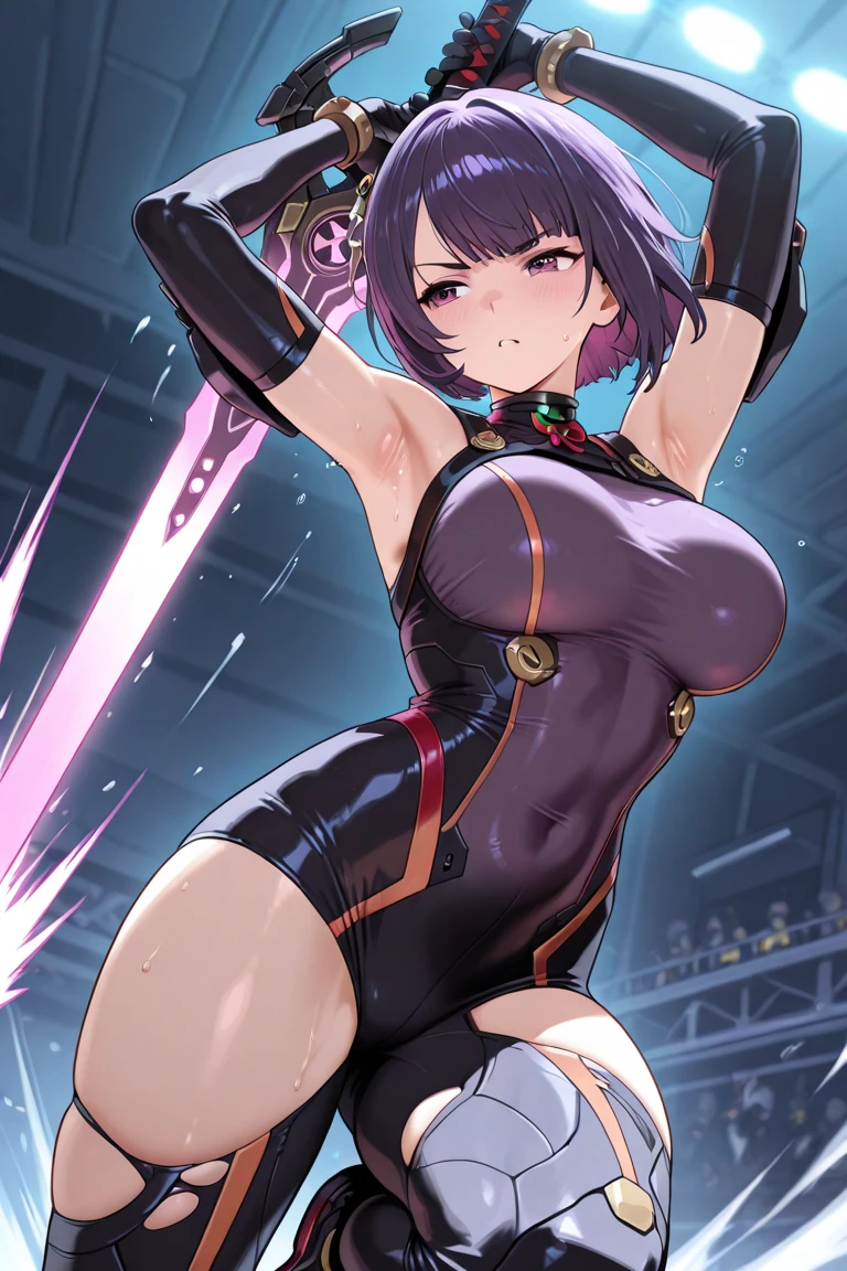 Highest quality, 1girl, solo, black hair, messy hair, black eyes, huge breasts, thick thighs, wide hips, standing, round glasses, white blouse, blue box skirt, strong