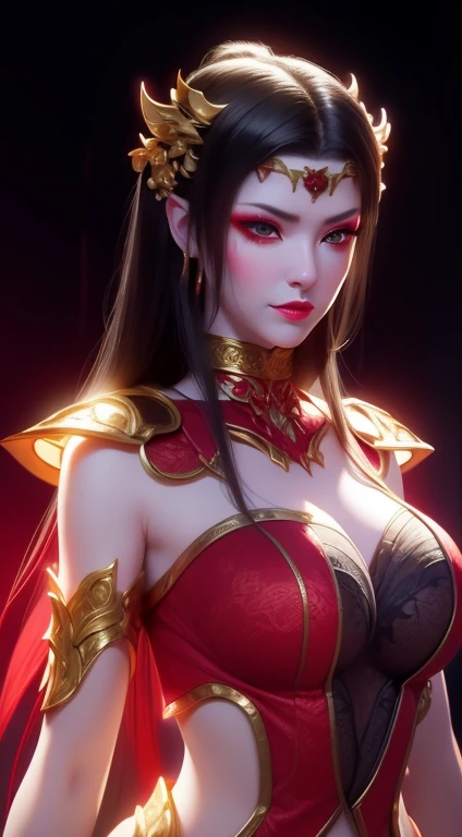 1 Very beautiful Queen Medusa in Hanfu, Thin red silk shirt，There are many yellow patterns, Black lace top, Long hair dyed black, beautiful hair ornaments, Beautiful face beautiful and cute, Perfect face, Earring jewelry, Head and hair accessories, Antique jewelry, Big red eyes, Sharp eye makeup, Delicate makeup for eyelashes, Thin eyebrows, High nose, Nice red lips, no smile, pursed lips, rosycheeks, Breast augmentation, Wide breasts, Big breasts, gigantic cleavage breasts, Slim waist, Antique underwear，A naked fictional art model, The colors are vivid and true to life, RAW photos, Realistic photos, ultra high quality 8k surreal photos, Cool photos, (Virtual light effects: 1.8), 10x pixel, Magic effects (Background): 1.8), Super detailed eyes, Beautiful girl body portrait, Girl Alone, ancient hanfu background, head straight-looking at viewer, Wide original photo, 8K quality, Super sharp, Detailed and clear pictures are best, Detailed light background,
