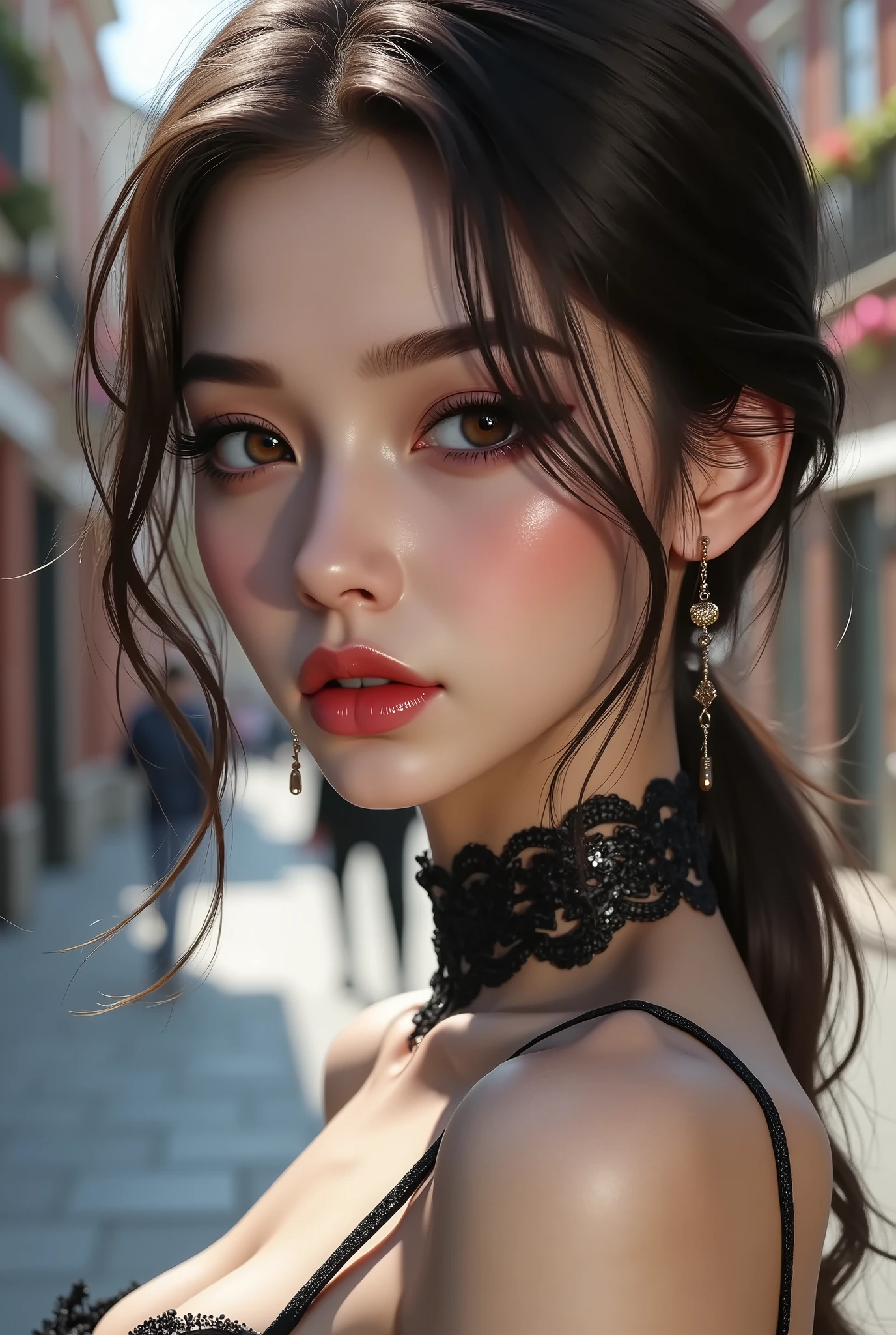 Realistic,(photorealistic Realism),((high resolution)),((intricately detailed digital art)),(best quality),(realistic texture details: perfect skin, smooth skin),(professional photography)、((a beautiful girl [Rosé from blackpink]:1.3)), (close-up eyes:1.25),((sharp focus, no blurry, high resolution, absurd quality, Realistic brown_eyes:1.3), Wear an off-the-shoulder top, full bodyesbian,(dark shot),((Intricately detailed (laced PVC:1.2), modest BDSM costume, see-thru PVC costume:1.4)), (Style your hair, short hair, WHiTE hair, curls at the ends of the hair, hair above one eye,(short combed to the side)), (long skirt)、 Black Long Boots 、street, European Buildings，Slate pavement，(Rose flower)，(Shining, mesmerizing, Vibrant eyes:1.2), (perfect dark_eyeshadows:1.4), detailed lips:1.3, (apply glossy red_lipstick:1.3), (pink_makeup:1.28), (beautiful little nose), (perfect proportions:1.2),(small head),(anatomically correct), perfect female body, firm and full breasts, (Super beautiful), (vivid and colorful), The attention to detail, focus of girl, dynamic pose, sexy and seductive, flirty smile, dslr, high quality split lighting, sharp focus captured by Fujifilm XT3, f 5.6, in a dramatic lighting, (perfect composition),