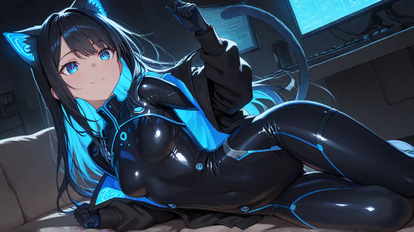 Three beautiful women in long blue and black leather suits with yellow eyes