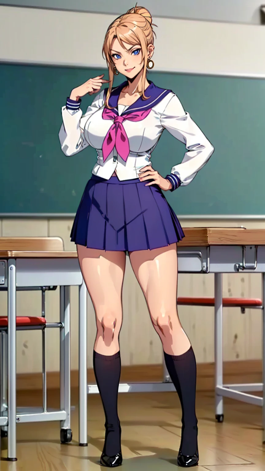 ( busty), (((fullbody))), standing pose, high heels, short skirt, cleavage, white kimono, good anatomy, masterpiece, best quality, 4k, 8k, professional photography, soft light, sharp focus, 1 girl, blonde hair, at classroom, blonde hair, parted banks, detailed face+brown eyes, open lips, lipstick,  whiteboard, smile