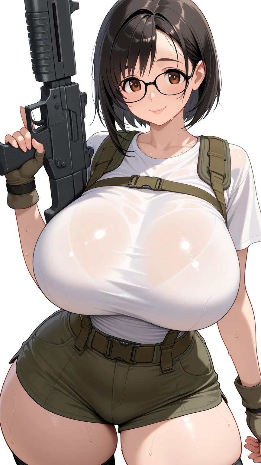 highest quality, Hi-Res Lucifer,Anime Screen Capture, SF、Realistic, masterpiece, highest quality, Perfect Anatomy,((nsfw、A man grabs my chest、Shirt lift、white t-shirt、Huge breasts))、((Chubby、Fat belly))、 (Beautiful Eyes), (Female mechanic, Huge breasts、), ((black baseball cap)),Black gloves、Steam from the armpits、Green Eyes、Braided Pigtails、brown hair), ((blush))、(Wide Hips)、((((Embarrassing、surprised))))、((SF Battleship Hangar))