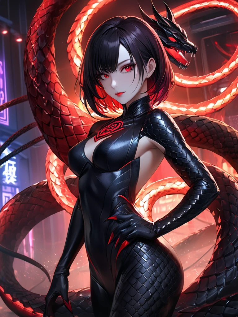 woman、Black suit、Odd Eye、Black Hair、Black snake behind、Red Moon