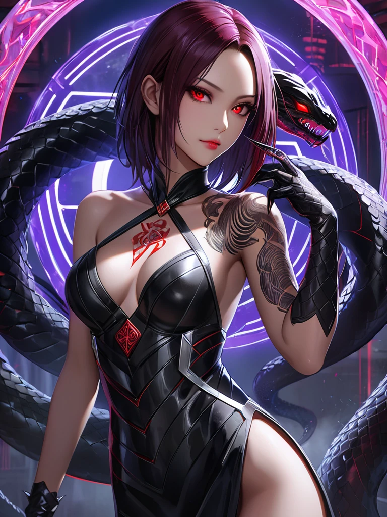 Professional 6D E-sports logo detailed female theme with name THE SNAKES Realistic strong woman with shooting weapons in her hand and with realistic snake around her With black and pink color palette