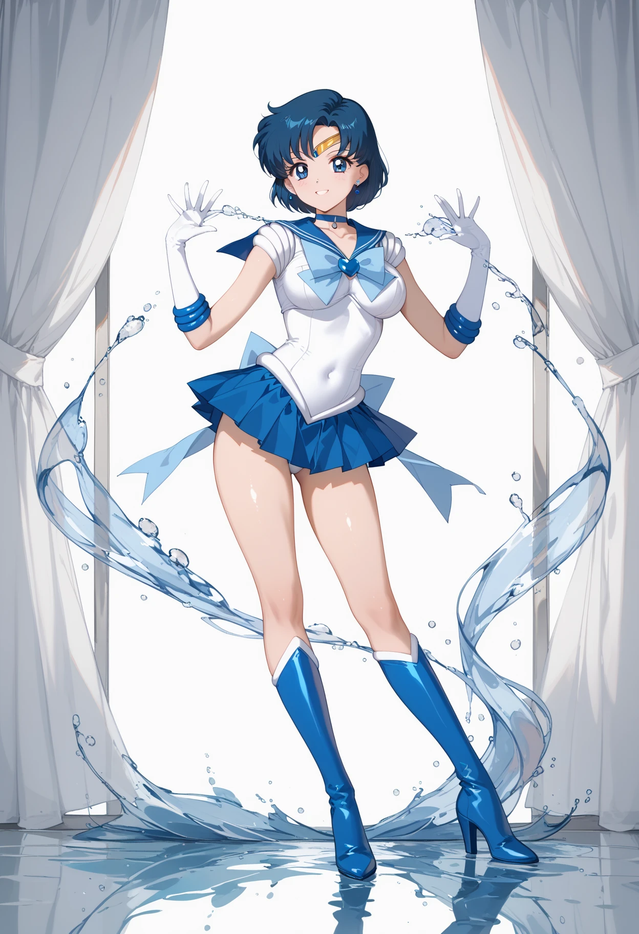 masterpiece, highest quality, High resolution, high resolution, super detailed, All limbs, full finger, sailor mercury　Transformation heroine of justice　enamel white leotard　enamel blue boots　wrinkled boots　enamel white gloves　Enamel blue miniskirt　neat image　gold decoration　Costumes with fancy decorations　justice　ponytail　medium long hair　hair ornaments　shy smile　narrow your eyes　jockey boots　stick out your hips　open your legs　　Sitting on poop　Full body painting　put your hand on your crotch　I can see my armpits　long boots below the knee　barefoot　　thigh legs　Soak a large amount of white slime 　The body is covered with white slime　please open your legs　bend your knees　Peeing　White slime overflowing from the crotch　The leotard is wet and you can see the skin　full of sweat　Drenched darkness　inside the cave　The surrounding area is full of white slime, White slime all over the floor　cloudy liquid　White slime on boots　white slime dripping from above