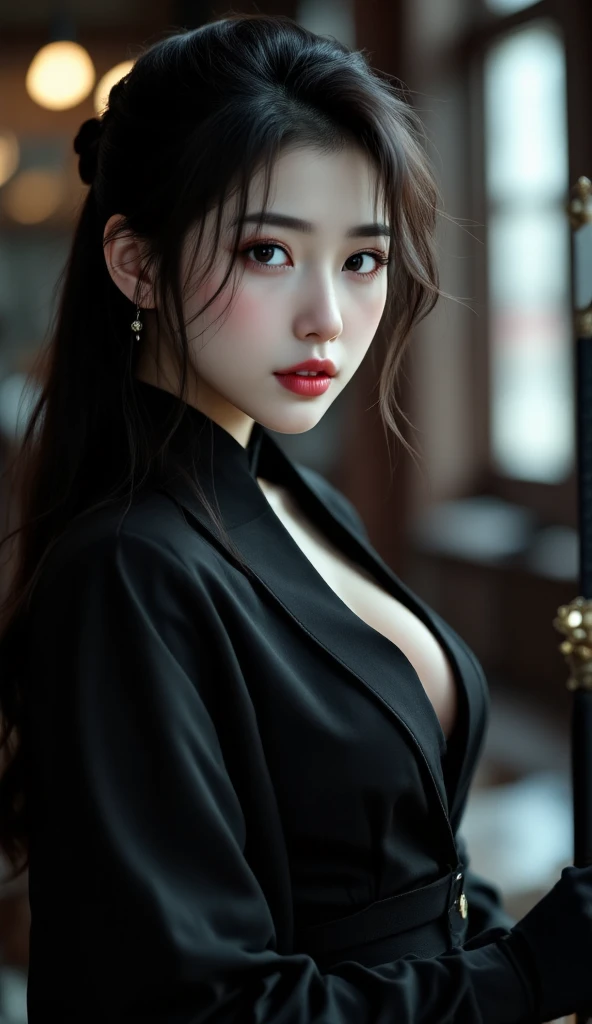 ((Best quality, 8k, Masterpiece :1.3)), Image of a japanese girl superidol. Long black hair:1.3. (Beautiful Japanese girl in kimono), ((black kimono)). Big breasts:1.3, close up cleavage. ((Bare shoulders _depth of field)), atmospheric perspective, Volumetric lighting, Clear focus, absurd resolution, Realistic proportions, Good anatomy, (realistic,Hyper-realistic:1.37), 16K HD, INFO. ((dark background)), ((black background)), ((full shot))