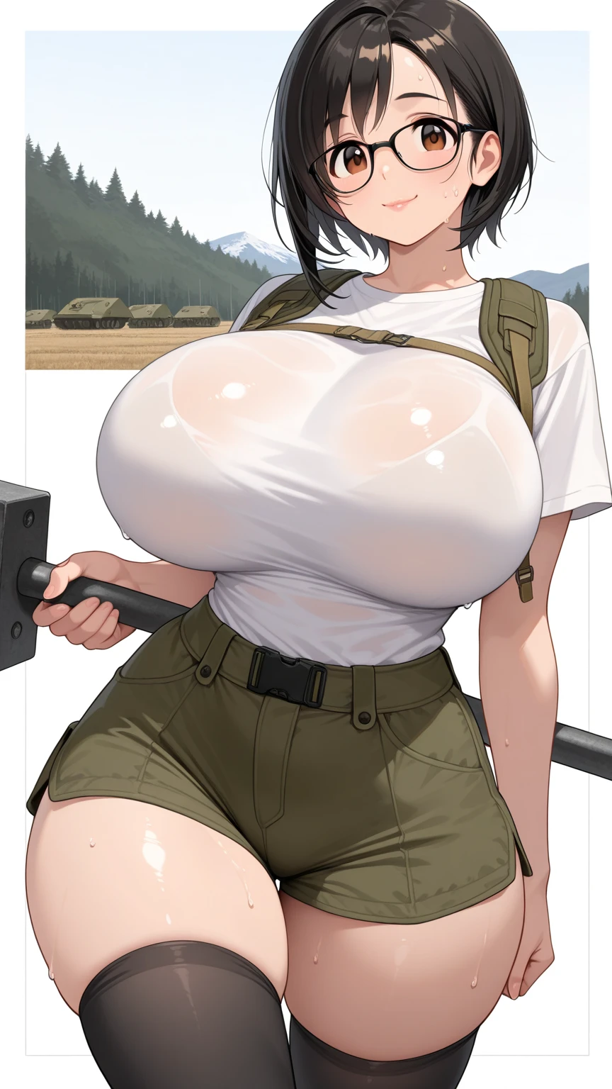 Huge assault rifle、Long sideburns、Anime-style girl with beautiful whole body, clean detailed faces, ciber,analogous colors, Glowing shadows, beautiful gradients, depth of fields, CLEAN IMAGE, High quality,Black Parker Clothing、 high detailing, High Definition, blush, Fit, Heavenly Beauty, Very detailed, Soft lighting, Full body,Green＆Black hair,Green eyes、huge-breasted