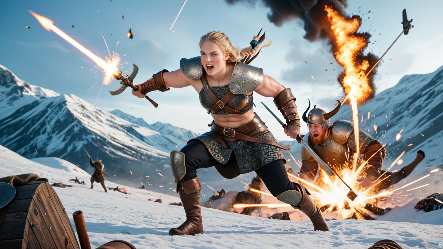 (medium full shot) of (vivacious young woman:1.1) viking,             wearing Norse huntress ensemble with fur-trimmed hide vest, linen tunic, hide bracers, fur leggings, hide boots, vendel helmet, Broad-bladed seax knife surprised, open mouth, pointing her finger at the viewer,  .set in  viking village, Training Grounds, Open field with straw targets for archery practice, warriors sparring with wooden swords, a group of youngsters learning basic combat techniques, the sound of battle cries echoing, the sight of shield maidens honing their skills , at night, ,Masterpiece,best quality, photorealistic, amazing quality, very aesthetic, extremely detailed face,