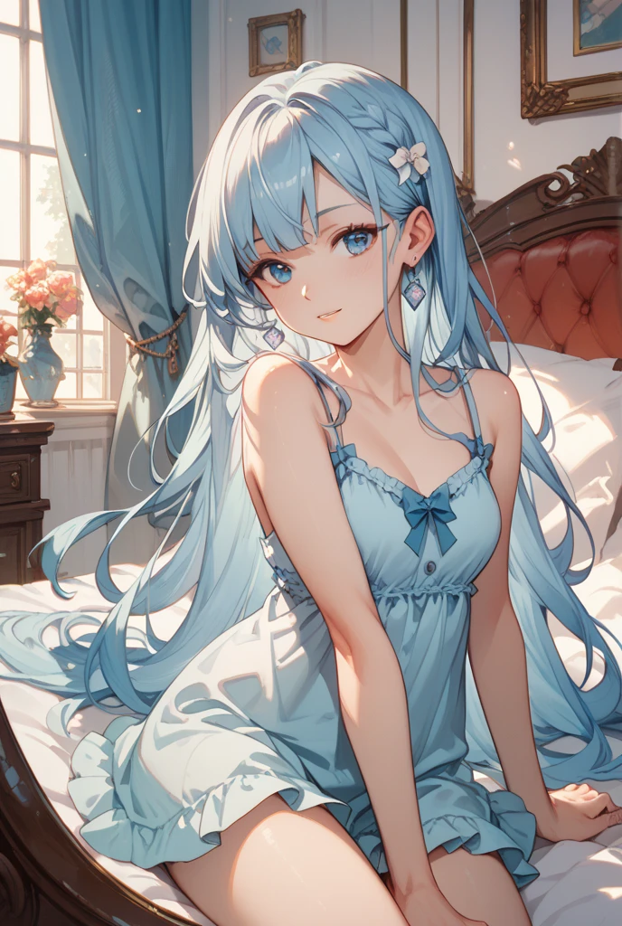 (Full Body), (Loli:0.7), 1 girl, long hair, solo, blue couch, dress, light blue hair, blush, yellow eyes, small breasts, Sheer Tulle Dress, halter neck dress, white dress, breasts, eyes visible through hair, indoors, on couch, sleeveless dress, sitting, sleeveless, short dress, bare shoulders, bare back, bare feet, bare legs, ahoge, indoor, looking to the side, :3, (Character Focus:0.3) best quality, masterpiece, illustration, beautiful detailed girl*Masterpiece* High Quality*High Resolution *Detailed 8K CG Wallpaper*8K Wallpape*HDR*Forest* Diamond And Glaring Eyes *Beautiful Detailed Eyes* Glowing Big Eyes*Cute Face*Anime Face* ((best quality)), ((masterpiece)), ((ultra-detailed)). (illustration), (detailed light). (an extremely delicate and beautiful), a girl, cute face, Cute Face (World Masterpiece Theater:1.6)*High Quality Masterpiece*High Resolution Sharpen HDR Colorful Artbook (Art Of Light Novel:1.1)*Illustration 8K Wallpape*Detailed 8K CG Wallpaper*Full- Body Moonlight Cinema Light Ray Tracing Realistic Shadows*Best Shadow Beautiful Deatailed Shadow