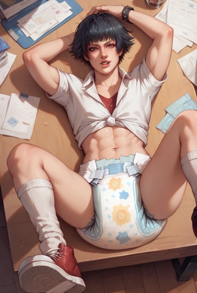 College boy, 21 years old man, handsome man, short black messy boy hair, orange eyes, black binder top, black mirco sports shorts, black shorts, muscular, huge ass, bent over, large thick ass, thick thighs looking back, looking at viewer, embarrassed, coffee shop, male character (1.0), flat chested, guy, man, male character, not a girl, masculine face