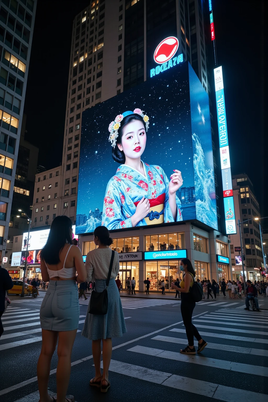 <lora:bldr:0.8>bldr geisha girl projected onto side of skyscraper with light