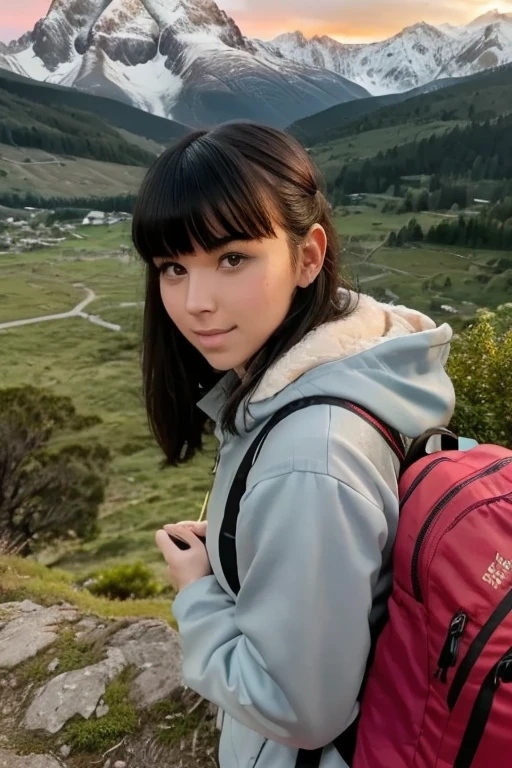 arafed woman taking a selfie in the woods with a backpack, 🤤 girl portrait, selfie of a young woman, 8k selfie photograph, she has black hair with bangs, with bangs, profile picture, profile pic, dang my linh, chiho, lofi portrait, lofi girl, with long hair, leaked image, ruan cute vtuber