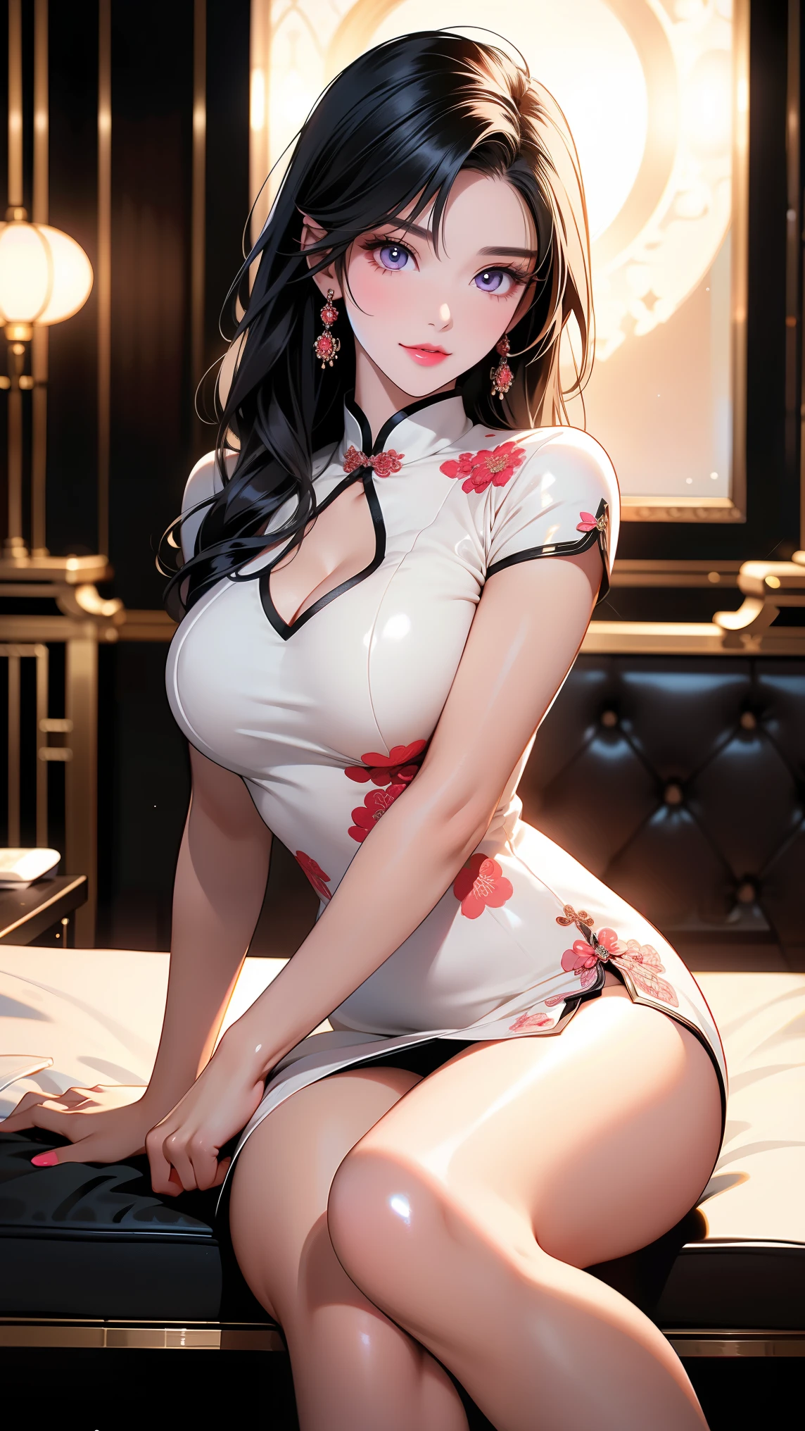 (chubby), gorda, (chinese girl), obra-prima, Ultra high resolution, Maximum quality, 8k, imagem de cinema, nitidez total, jovem chinesa, extremamente bonita, sozinha, (de corpo inteiro), (full body), chubby, quadris largos, coxas grossas, seios grandes, rosto muito detalhado, olhos muito detalhados, usando vestido curto, sorrindo, sexy, Same irises, studio illumination, luxurious white marble bathroom, Silky pellet, soft pellet, textura natural