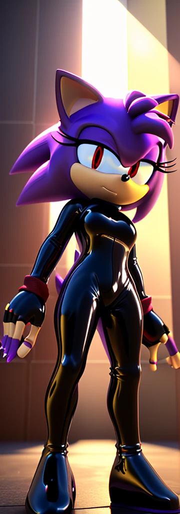Sonic the Hedgehog, One man, slightly angry face, red eyes, in black latex full body suit, (open legs), bright glowing green eyes , cyberpunk, dark lab, dark room, (neon light: 1.2), (night: 1.5), (crouch on ground), (spread legs apart) , ((low angle))
